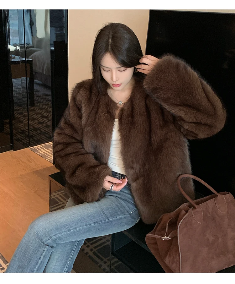 ZAROY 2027 Winter Faux Fox Fur Coat Chic Women Brown Luxury Fluffy Soft Warm Fur Jacket Fashion Colarless Cardigan Fur Outerwer