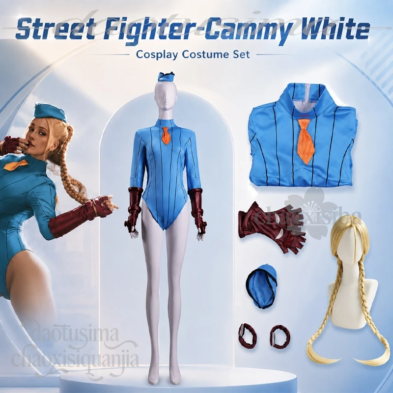 Street Fighter Cammy White Complete Cosplay Set Blue Stripes Bodysuit Jumpsuit Matching Headwear Gloves For Anime Dress‑up view 2