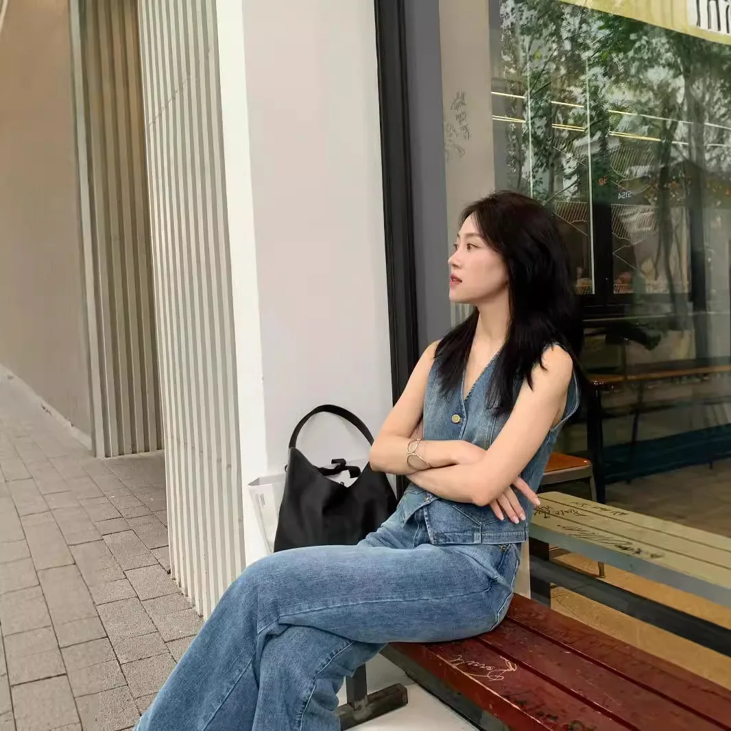 Dżinsowa Kamizelka Damska Top Vintage Bezrękawnik Dekolt V Jednorzędowa Kieszenie Prana Postarzana Odzież Uliczna Bez Rękawów Kurtka Letnia 2025