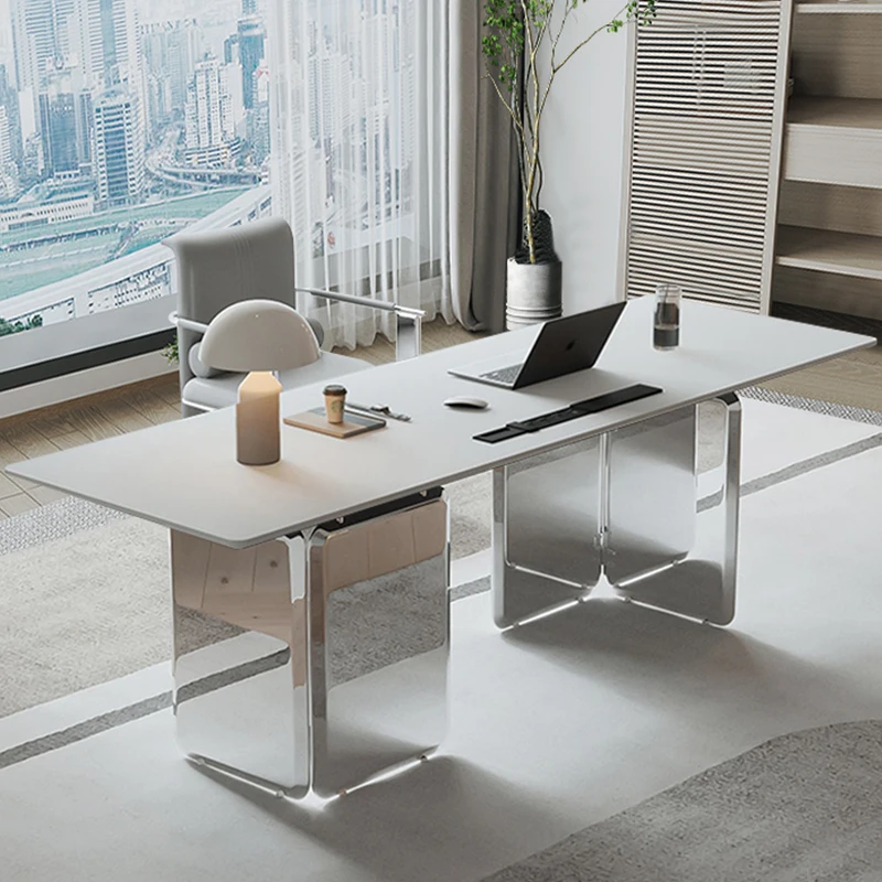 Light luxury high-end rock board desk, modern minimalist Italian minimalist stainless steel computer desk