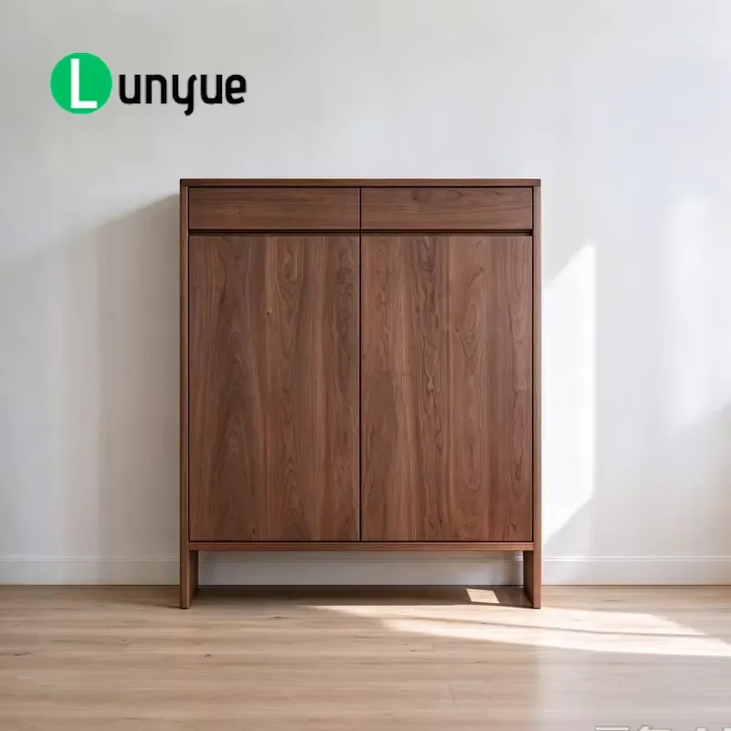Modern Walnut Solid Wood Shoe Cabinet with 2 Drawers for Home Entrance Corridor Storage Furniture