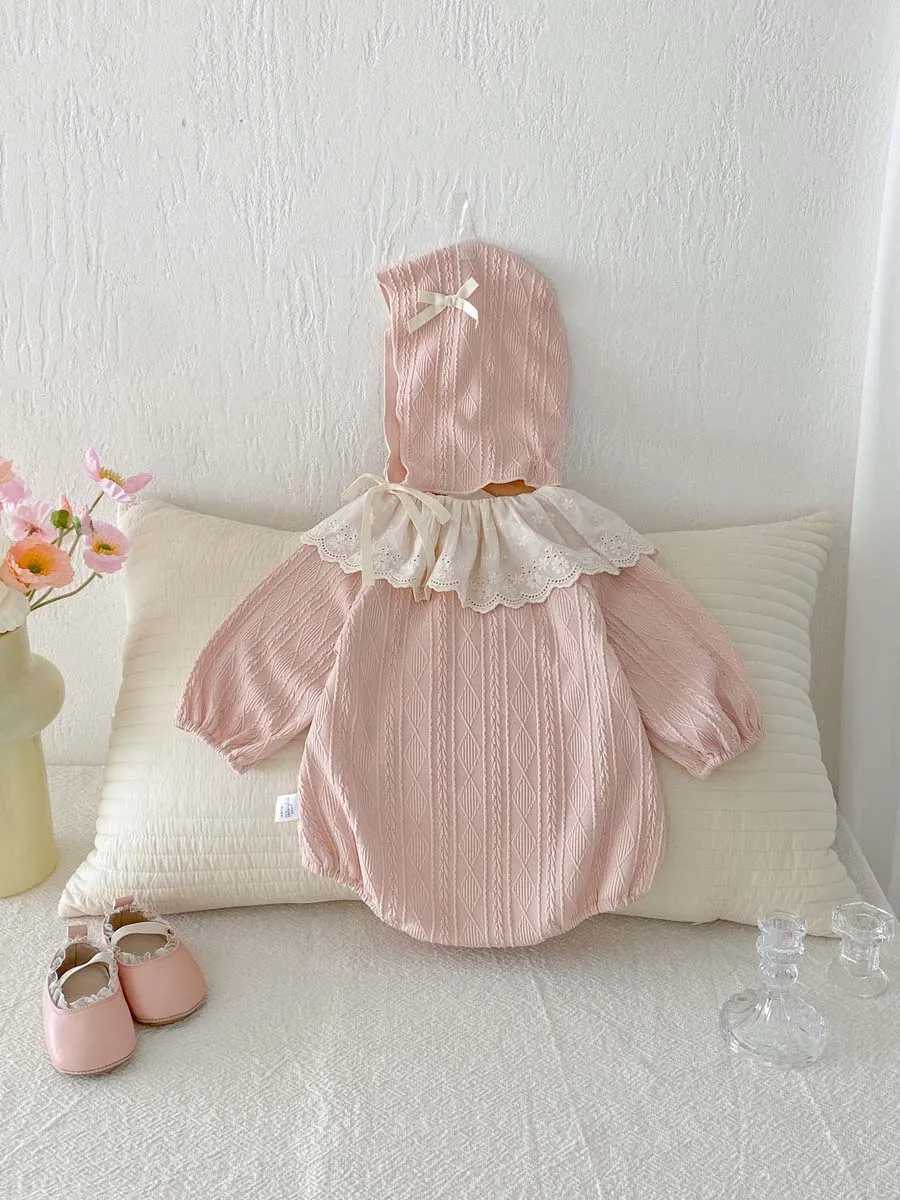 Korean version of autumn baby girl sweet cute lace doll collar long sleeve jumpsuit, baby girl solid color autumn long sleeve ju