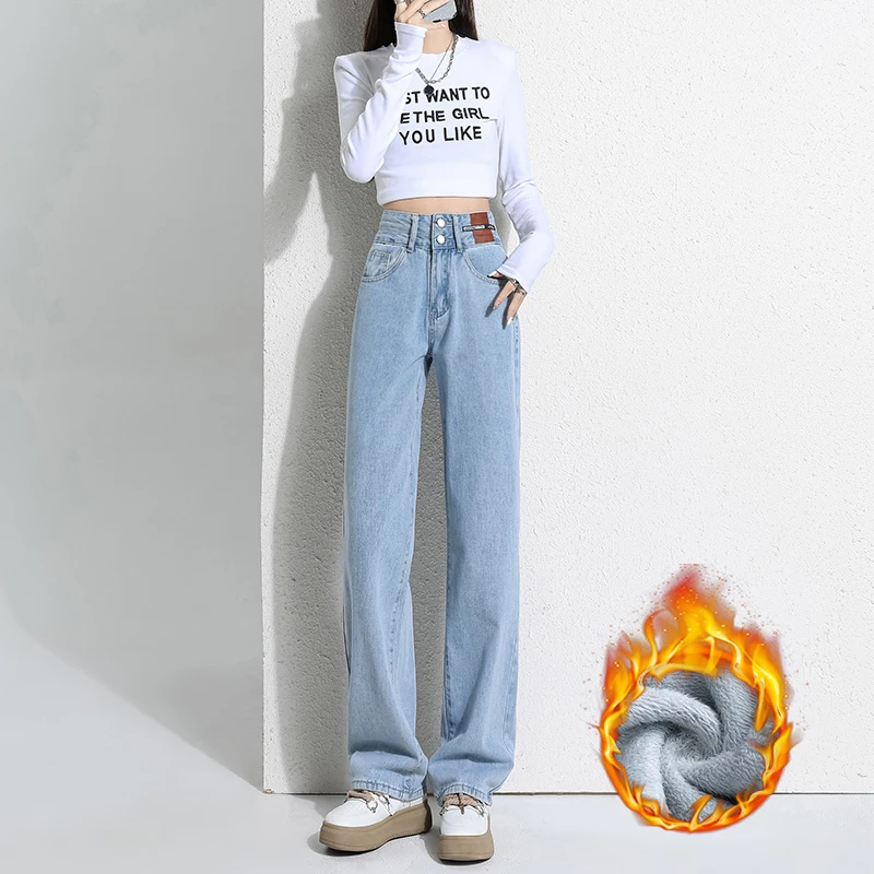 Luxe kwaliteit winter warme fleece thermische damesjeans mode dikker uitlopende broek hoge taille plus lengte rechte broek