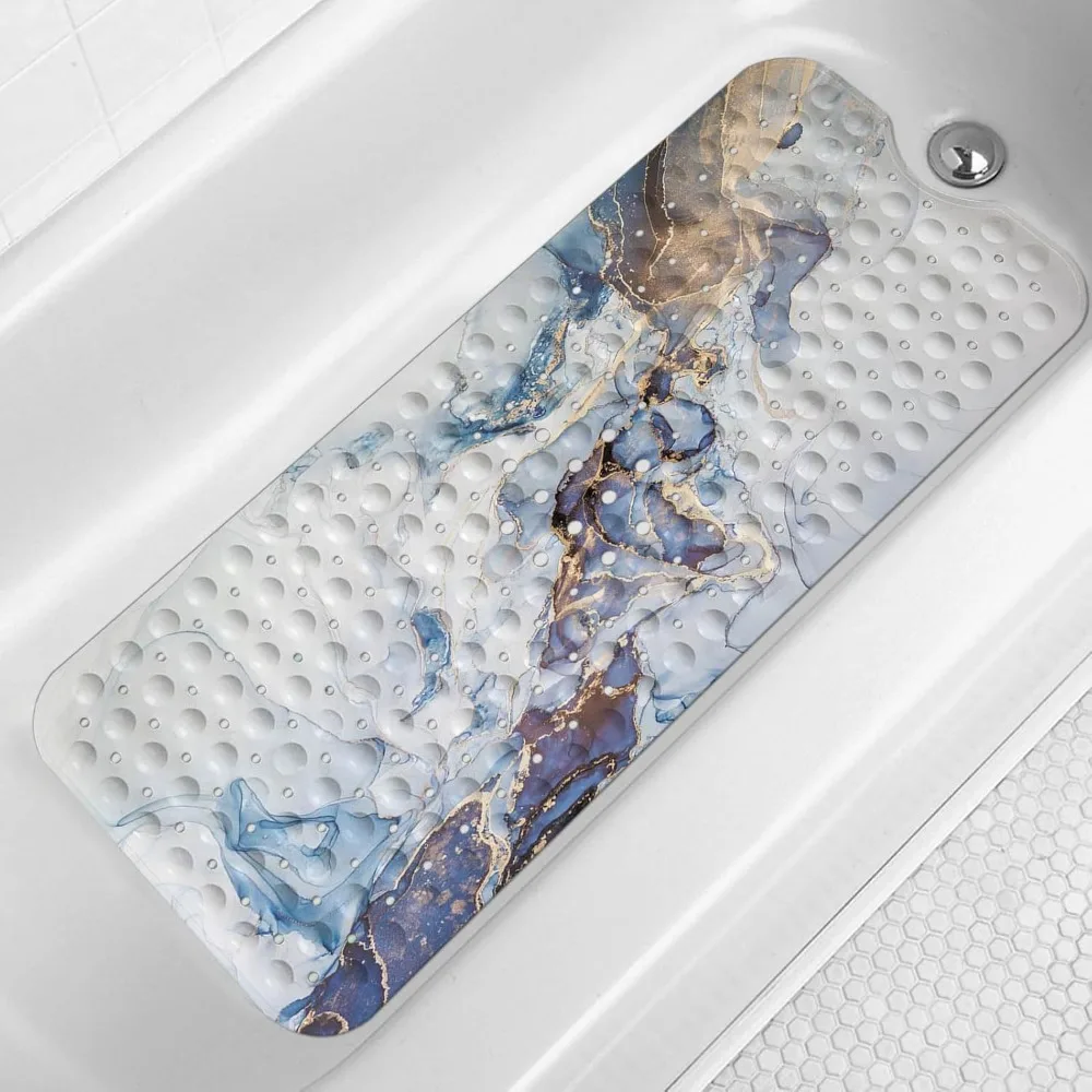 

LNOND Мраморный коврик для ванны Нескользящий, очень длинный противоскользящий коврик 40 х 16 дюймов для ванны, белый, синий, золотой, мраморный коврик для душа с Dr