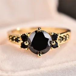 Vintage Black Crystal Round Stone Rings For Women Classic Gold Color Wedding Band Engagement Jewelry Bridal Valentine's Day Gift