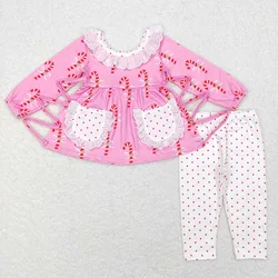 Wholesale Toddler Kids Christmas Candy Set Pink Long Sleeves Lace Pocket Ruffle Tunic Children Outfit Baby Girl Leggings Pants