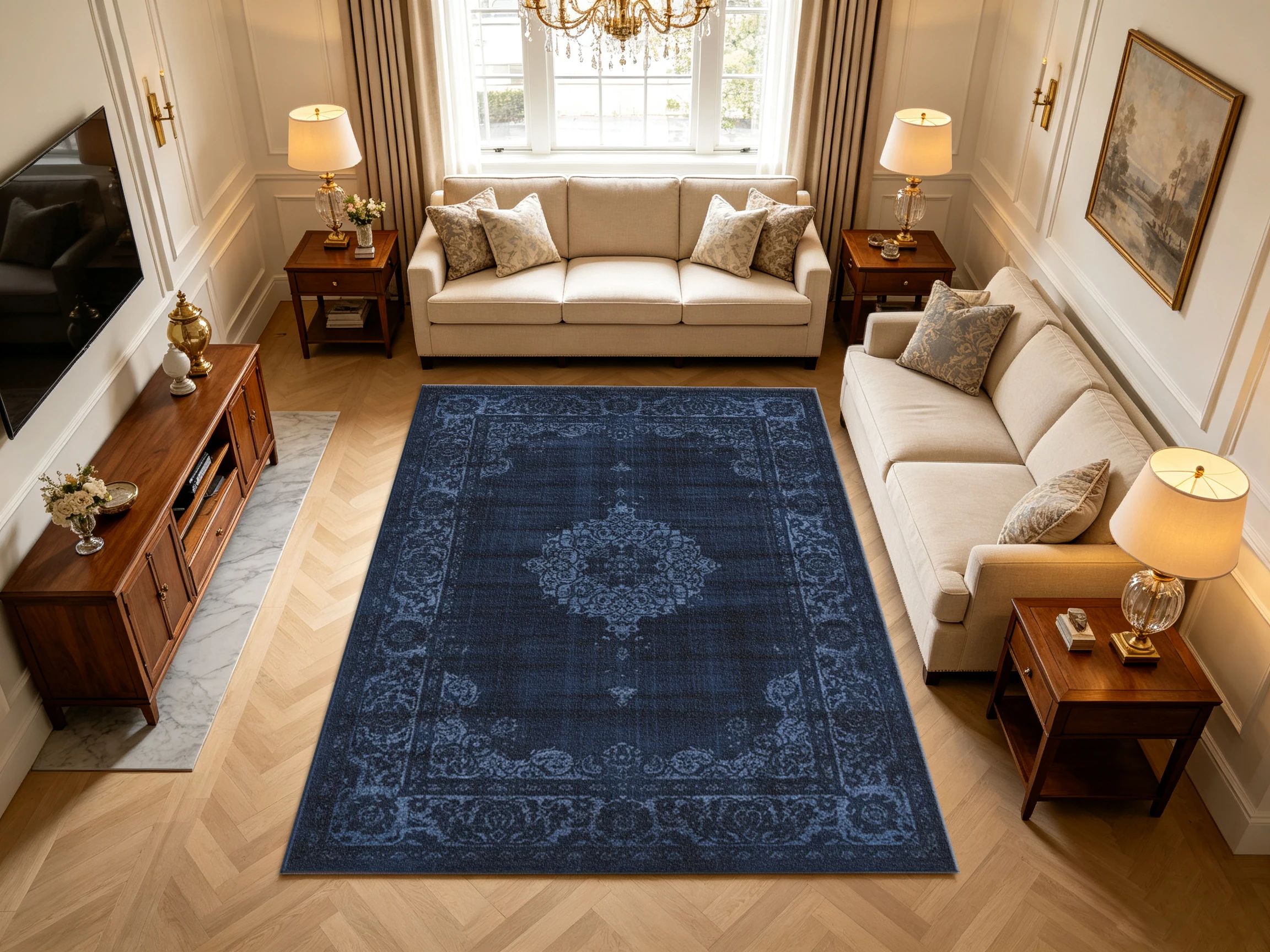 Distressed Dark Blue Medallion Carpet Flooring Vintage Oriental Large Area Rug for Living Room Bedroom Home Interior
