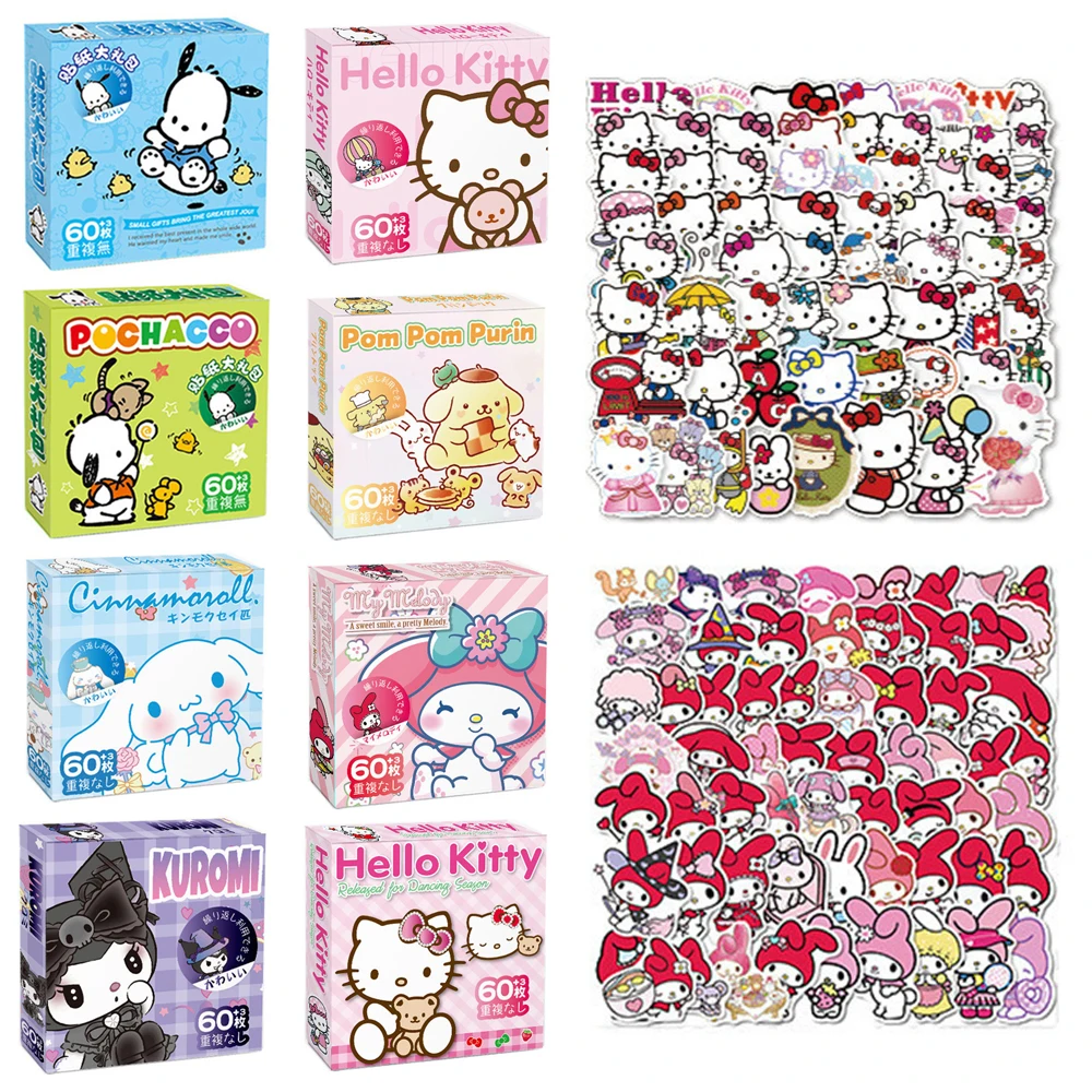 

63PCS Sanrio Hello Kitty Kuromi Cinnamoroll Pochacco Sticker Decoration Suitcase Scrapbooking Phone Laptop Stationery Toy