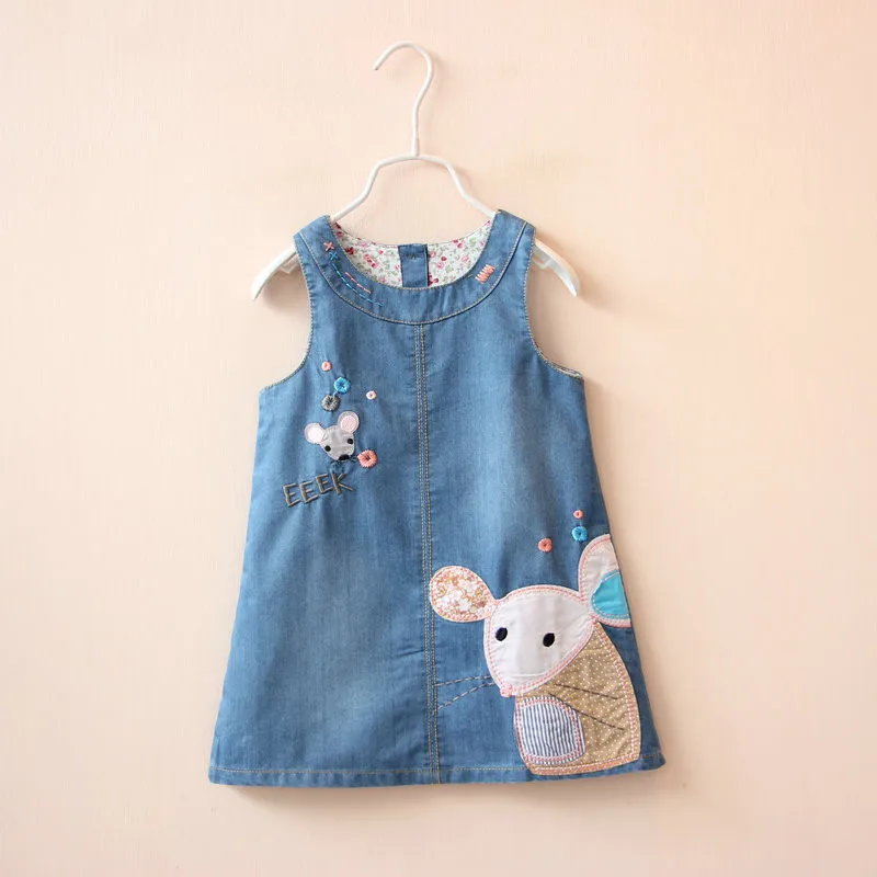 Cartoon Mouse Embroidery Little Girls Summer Denim Dress Cozy Sleeveless A-line Kids Dresses For Toddler Girl Clothing 2-6 Yrs