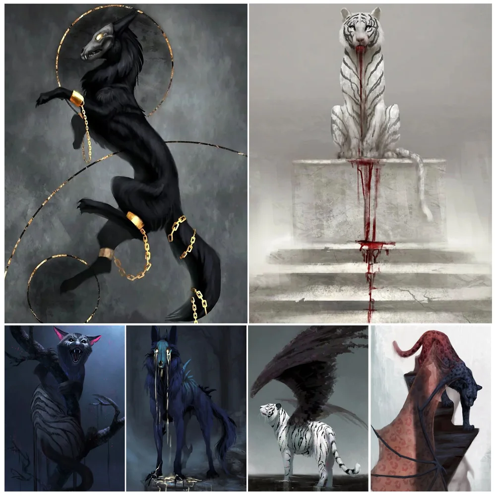 

Bloodthirsty White Tiger And Bat Cheetah,Abstract Wall Art Canvas Painting Mysterious Magic Creature Art Poster Print Home Decor