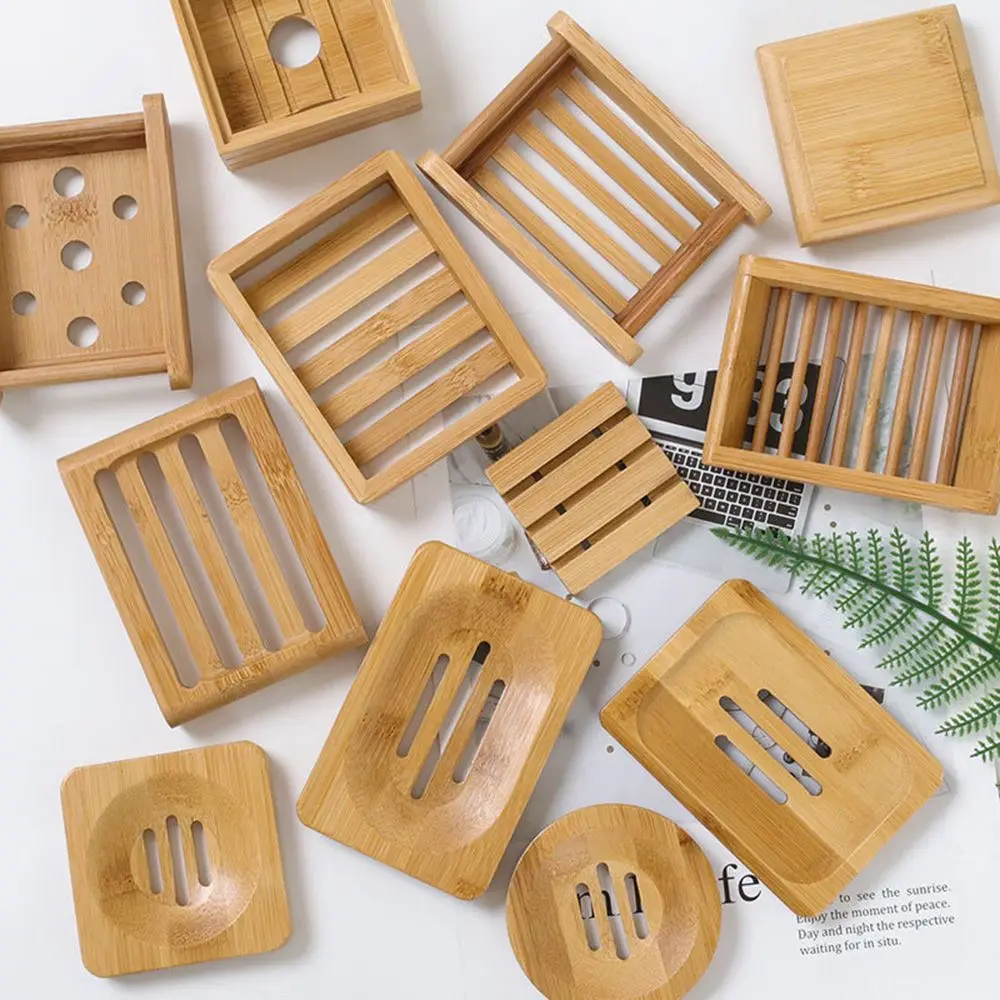 Bathroom Hardware Bamboo Shower Tray Self Draining Soap Dish Organizer Soap Saver Soap Holder Hanging Box