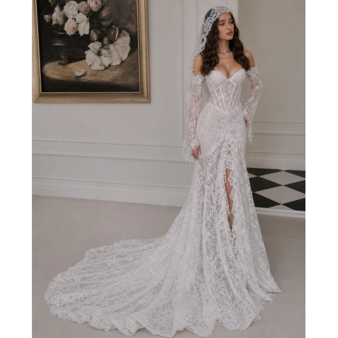 Exquisite Wedding Dresses Long Sleeves Lace Bodice Bridal Gown with Slit Off the Shoulder Luxury robe de mariée Customized