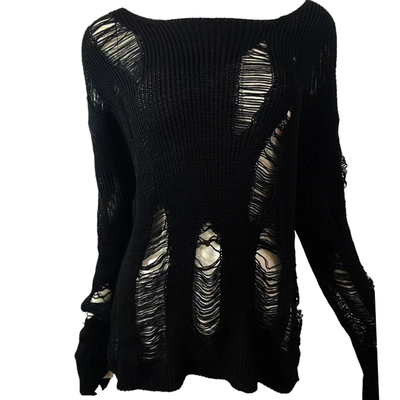 Women Punk Black Long Sleeve Sweater Hollow Out Hole Ripped Knit Pullover Top