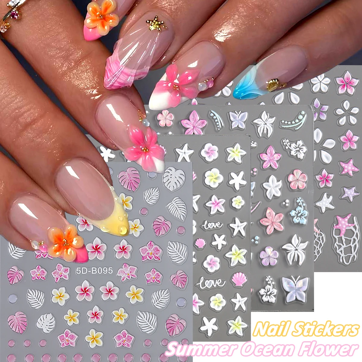 5D Embossed Nail Art Stickers Featuring Ocean Life, Pink Hibiscus Flowers. Perfect for Summer-Themed Nail Supplies for Women
