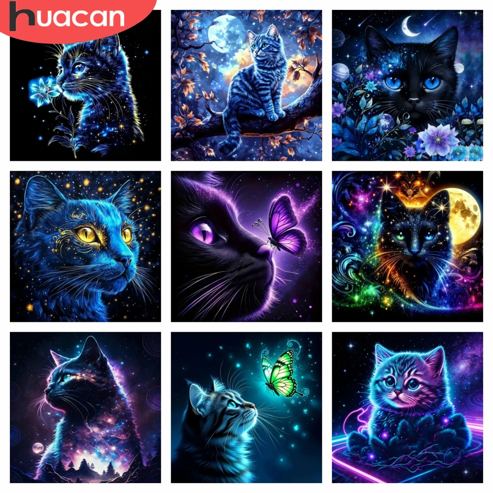 Kits de mosaïque diamant HUACAN, chat, papillon noir, animal, point de croix, décoration intérieure, peinture fantastique, artisanat, cadeau DIY