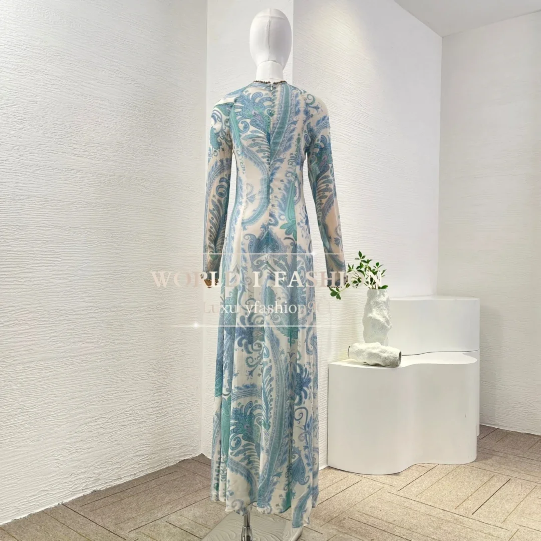 Elegant Long Sleeve Maxi Dress with Blue and Green Paisley Print  Women's Spring 2025 Fashion Belted Dress