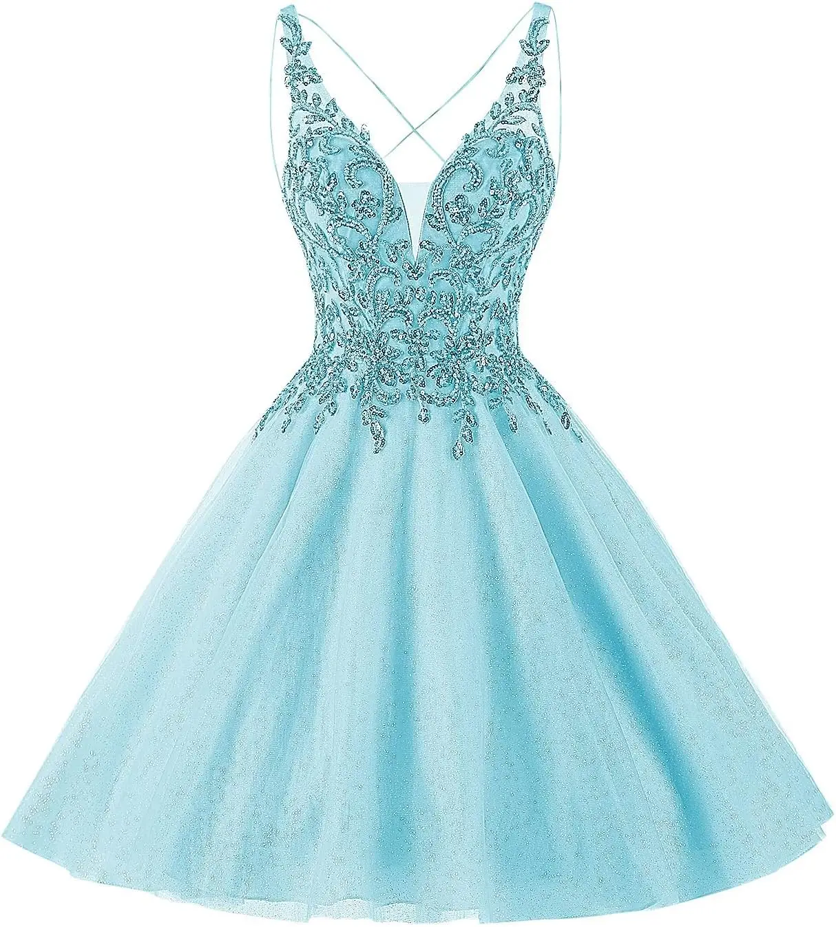 فستان دانتيل تول لحفلات العودة للوطن للمراهقين قصير بحزام سباغيتي DAMA Quinceanera فستان حفلة موسيقية مطرز سباركلي فوق الركبة، صغير