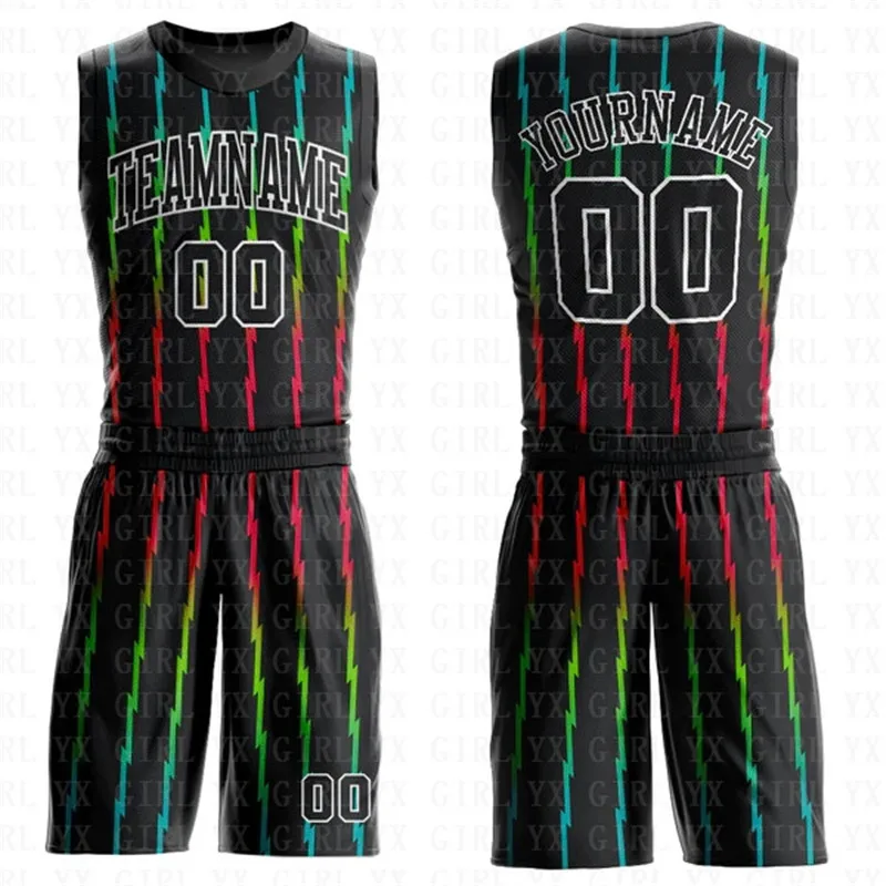 Custom Black Black-Light Blue Round Neck Sublimation Basketball Suit Jersey 3D Printed Tank Tops And Shorts Personlized Team