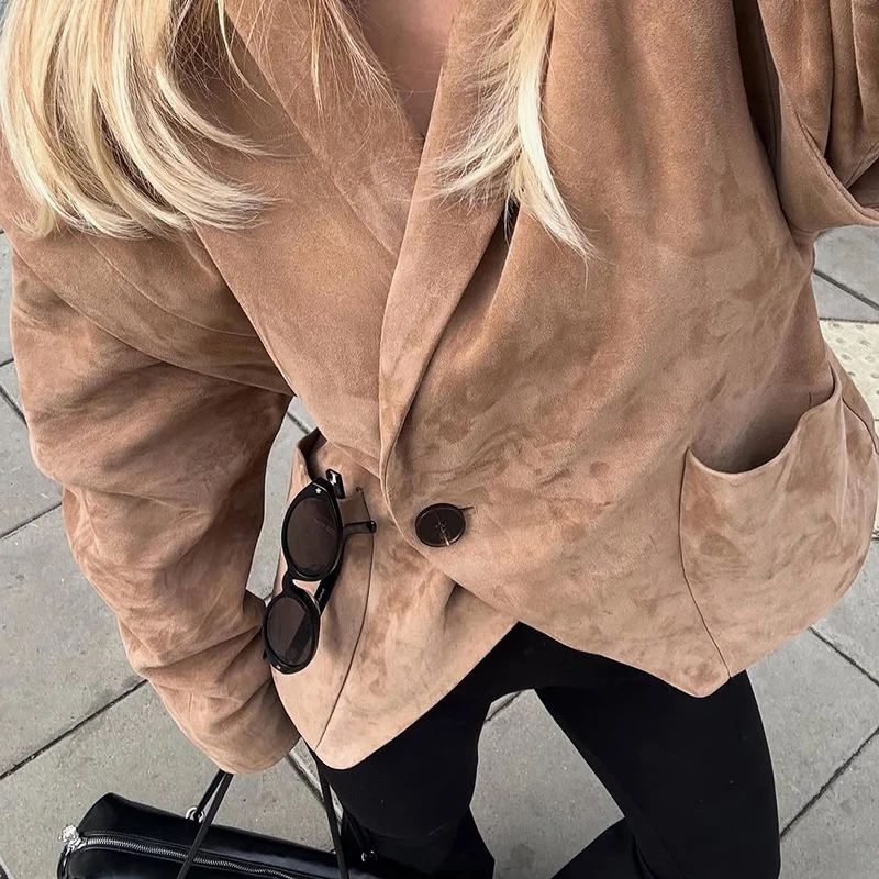 Wildleder Safari Stil Kurze Bomber Jacken Frauen Mode Stehen Kragen Epaulet Elastische Saum Taste Lose Mäntel Chic Damen Outer – Detail 18