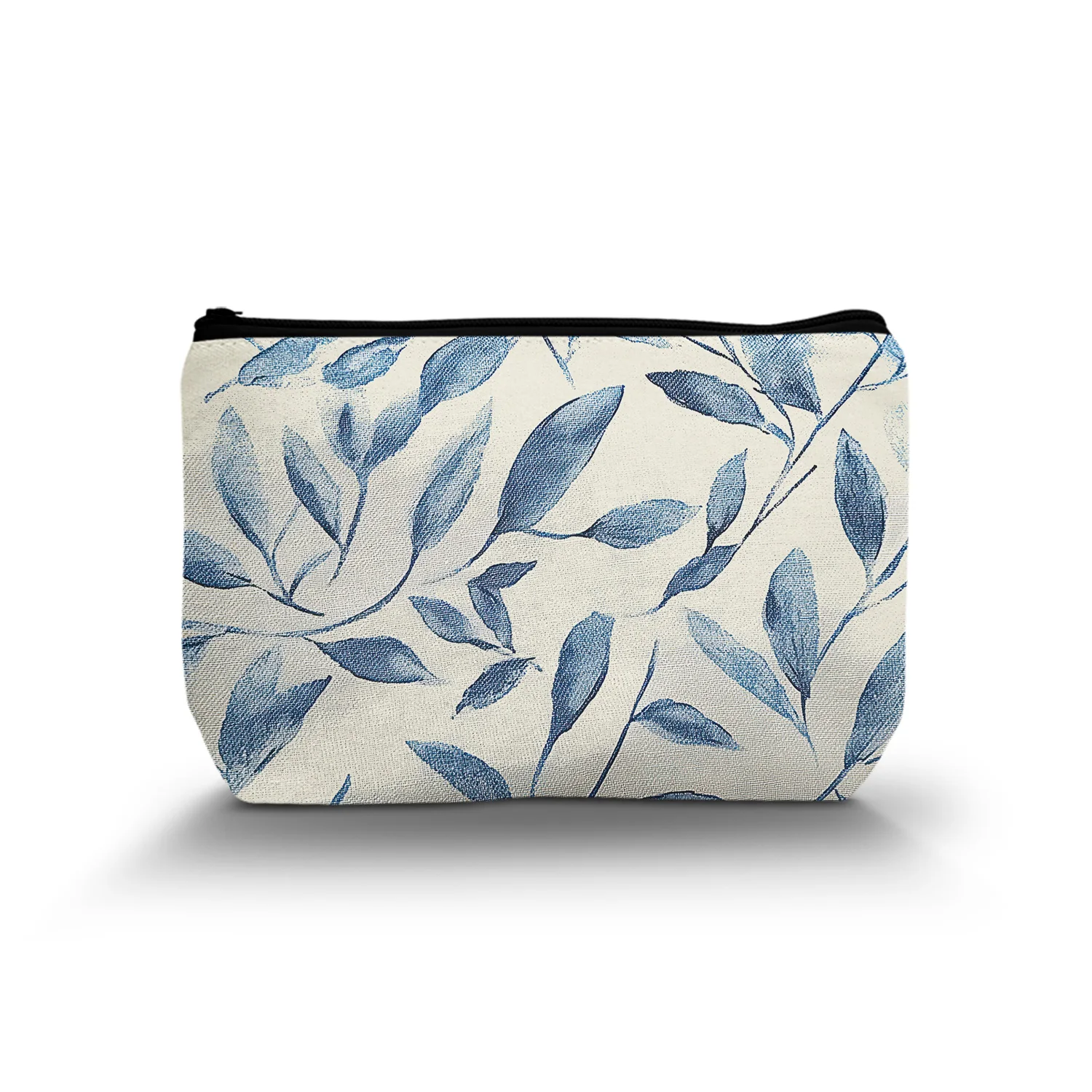 1Pc Blue Plant Leaves Pouch With Zipper Blue And White Chinoiserie Cosmetic Bag Boho Botanical Leaves Makeup Bag For Women