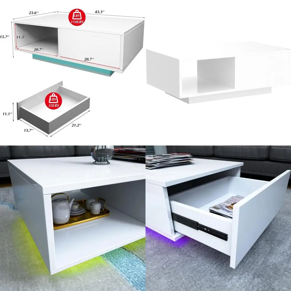 

Журнальный столик с 16-цветной LED-подсветкой и местом для хранения, глубина 23,6 дюйма, ширина 43,3 дюйма, высота 15,7 дюйма, для гостиной