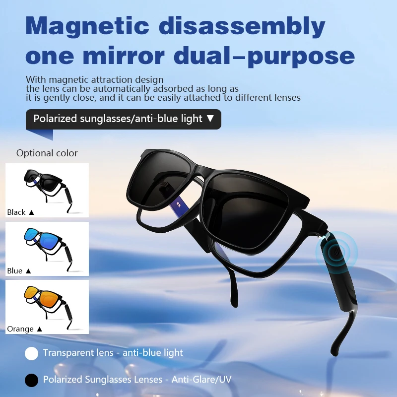 Fashionable Bluetooth glasses for listening to music, making calls, magnetic suction sleeves, interchangeable lenses, polarizing