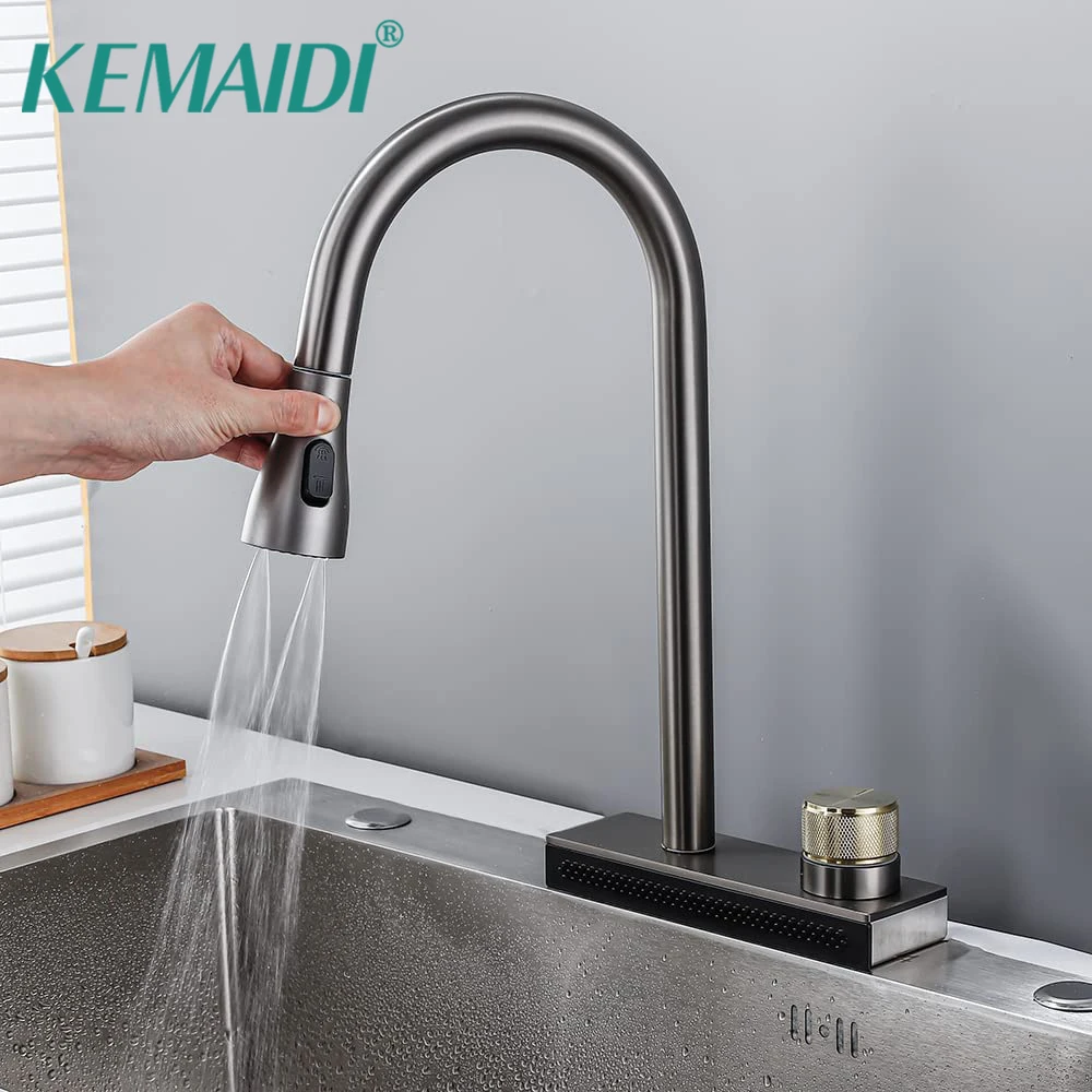 

KEMAIDI Multifunctional Grey Kitchen Faucet Pull Out Spout Kitchen Sink Mixer Tap Rainfall 360 Rotation Hot Cold Water Mixer