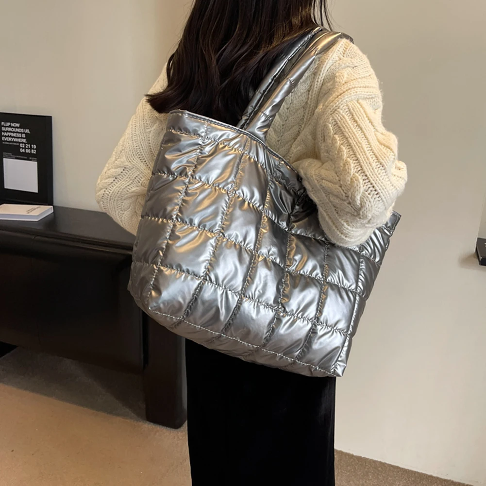 

Women Girls Winter Shoulder Bag Zipper Closure Plain Check Bag Gloss Surface Cloud Bubble Bag Basic Style for Shopping Traveling