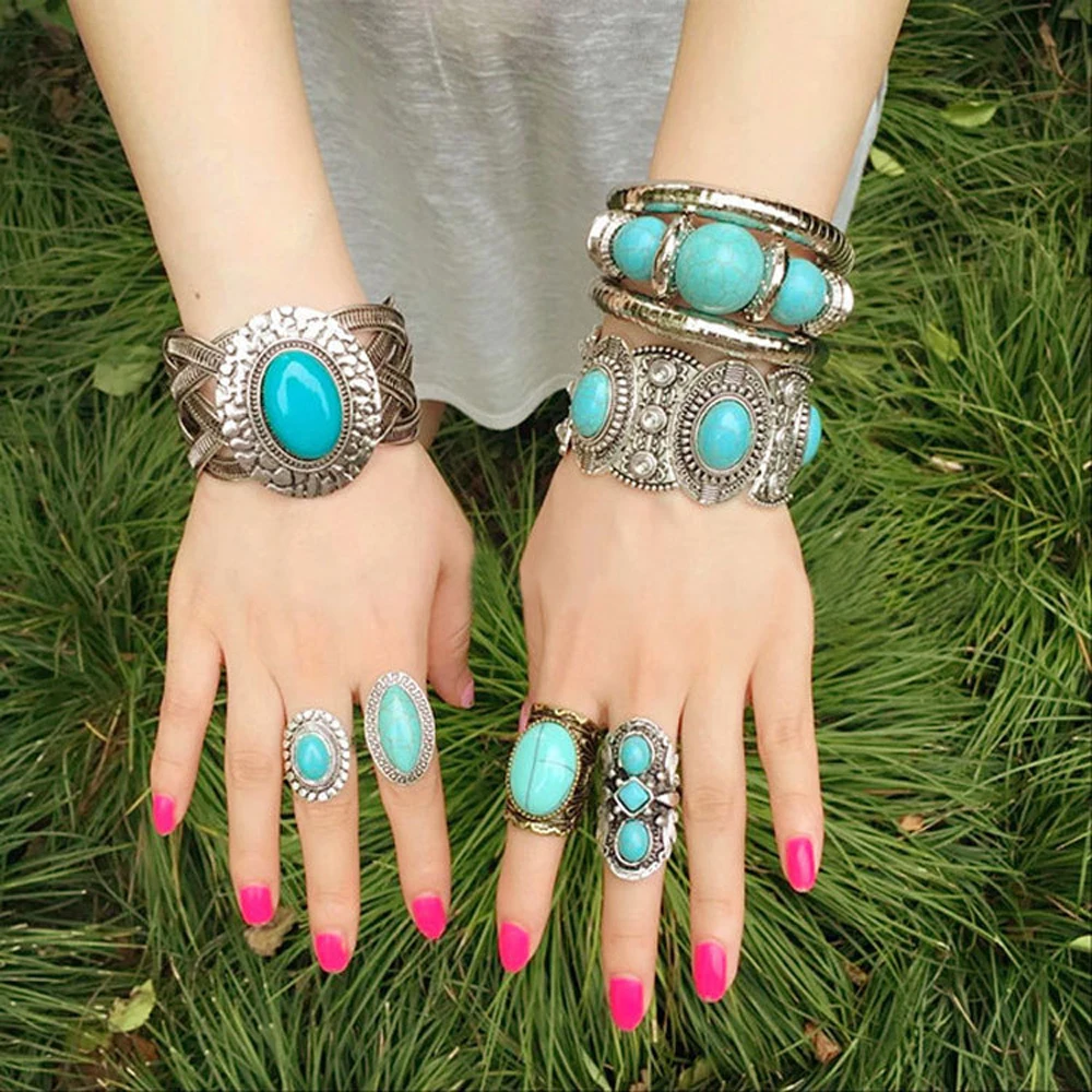 Tibetan Vintage Turquoise Stone Bracelet for Women Adjustable Snake Bones Wrapped Bangles Boho Gypsy Ethnic Tribe Hand Jewelry