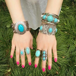 Tibetan Vintage Turquoise Stone Bracelet for Women Adjustable Snake Bones Wrapped Bangles Boho Gypsy Ethnic Tribe Hand Jewelry