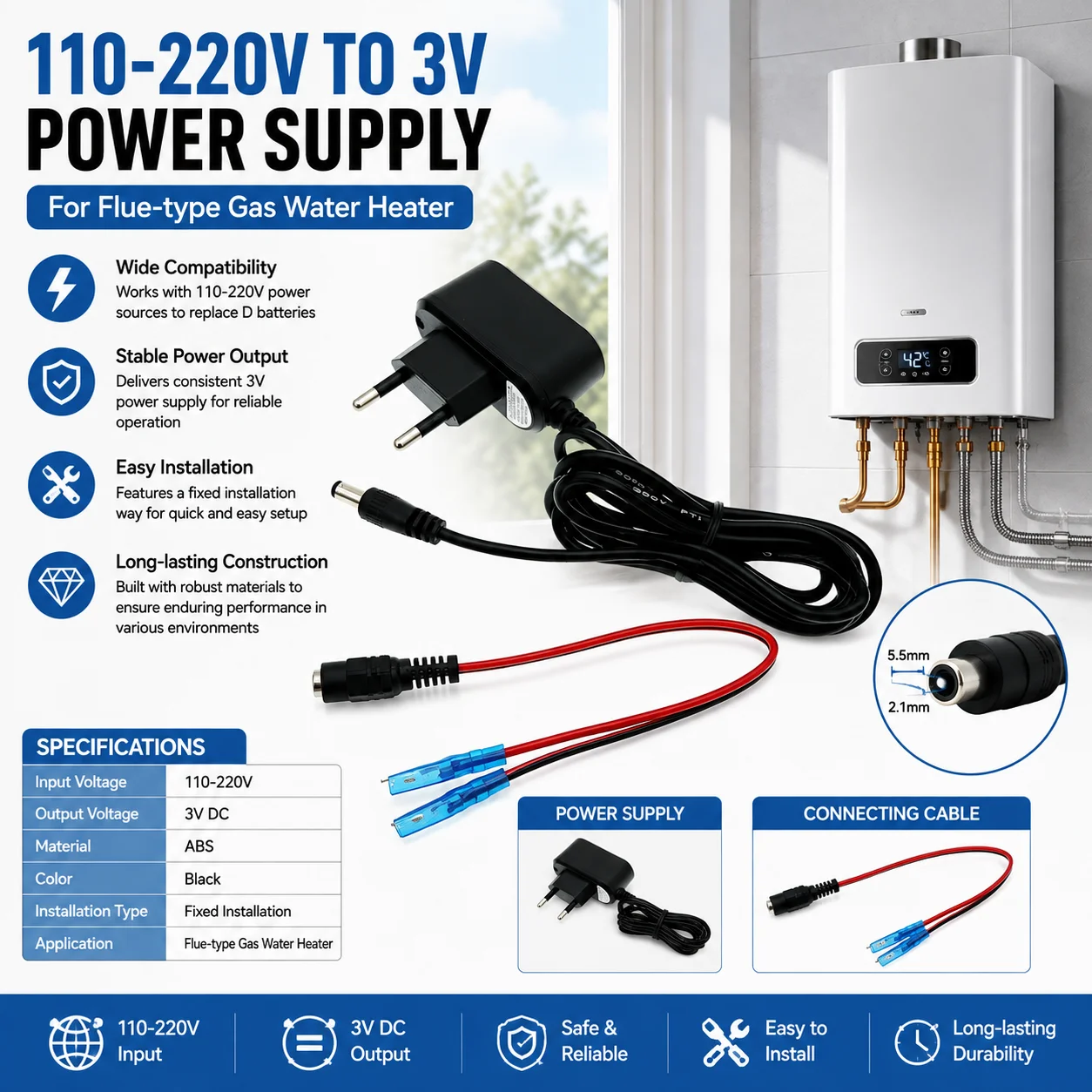 3V Power Adapter 110-220V To 3V Replacement For Flue Gas Water Heater For Battery For Eliminator With Connecting Cable Black ABS