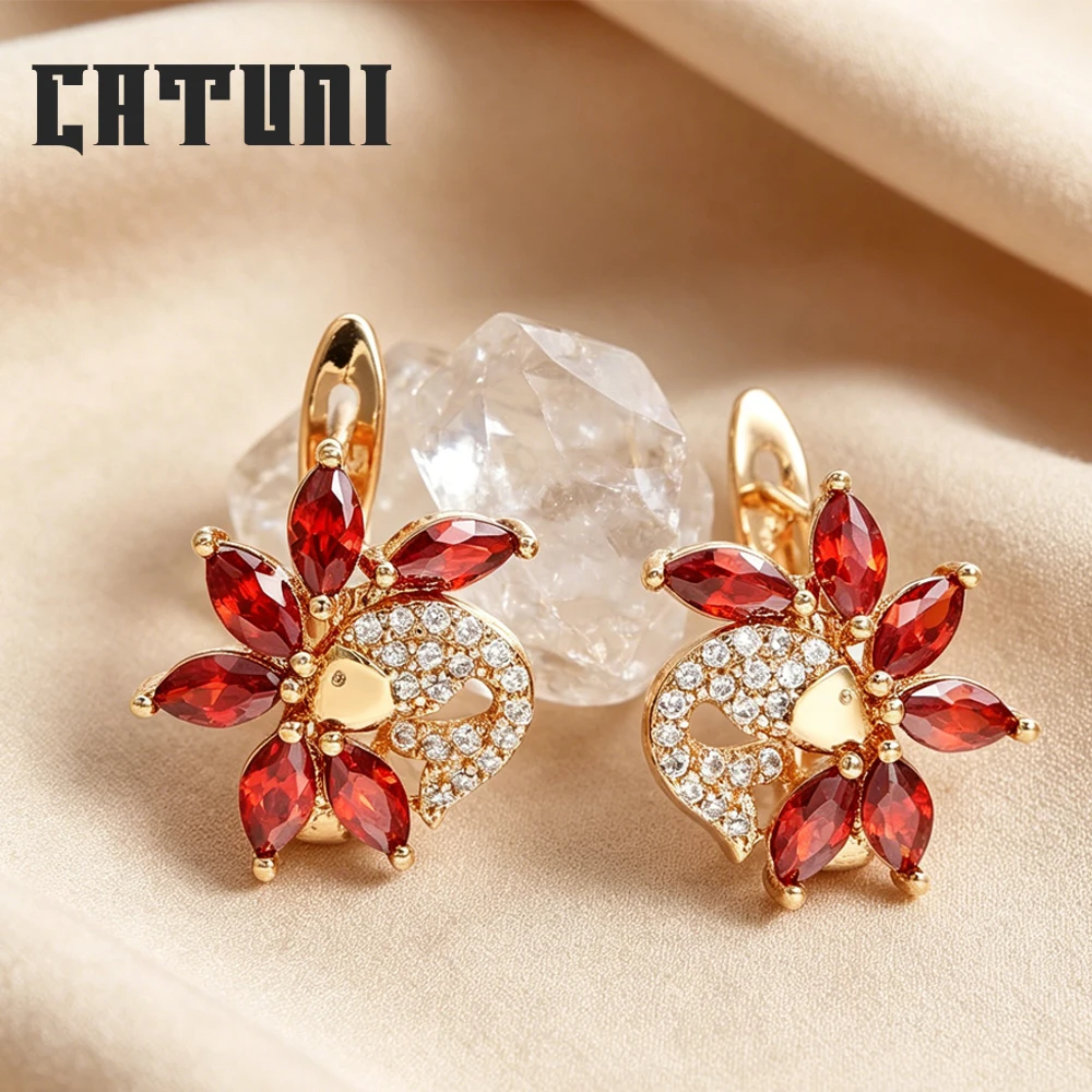 Catuni Red And Blue Natural Zircon Crystal Stud Earrings Elegant Golden Stud Earrings Unique Design Women's Jewelry Gift