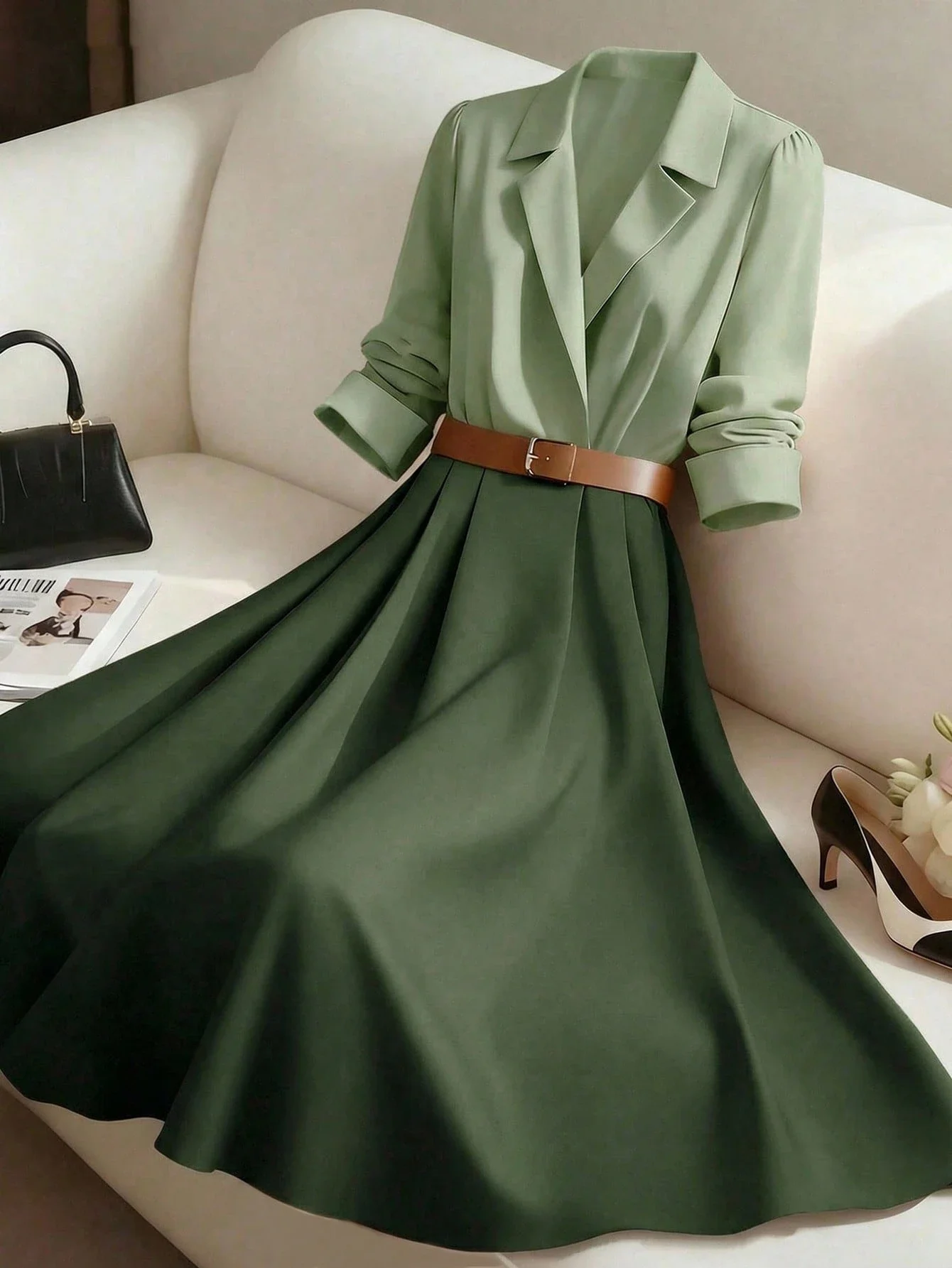 

Women's Solid Color Block Waist Gathered A-Line Long Sleeve Shirt Dress For Daily Commute Business Holiday