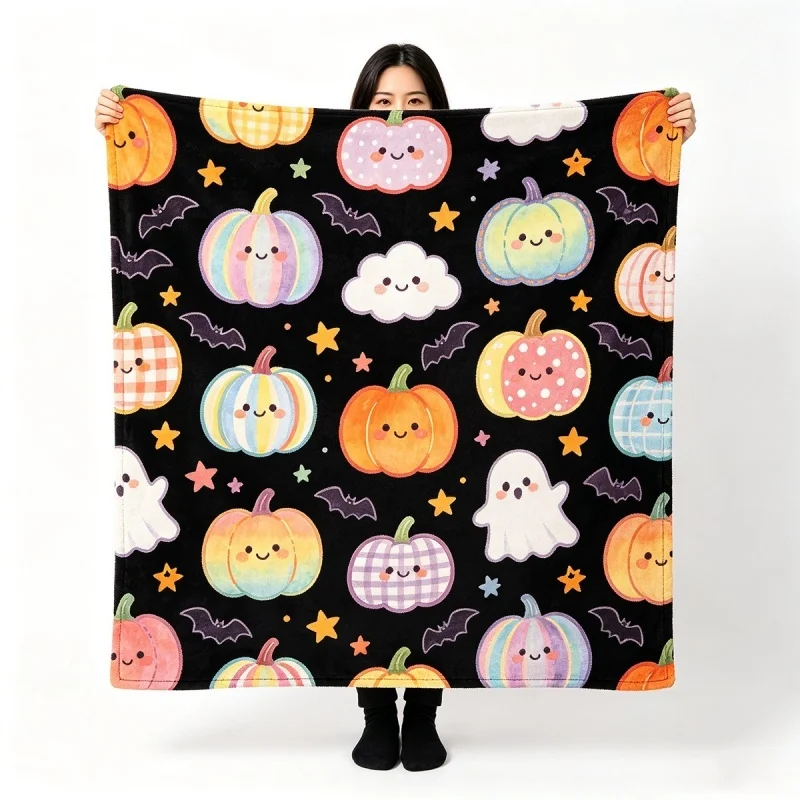 Gothic Ghost Flannel Blanket Cute Witch Hat Pumpkin Bat Halloween Fleece Blanket Soft Warm Cozy Throw Blankets For Gift