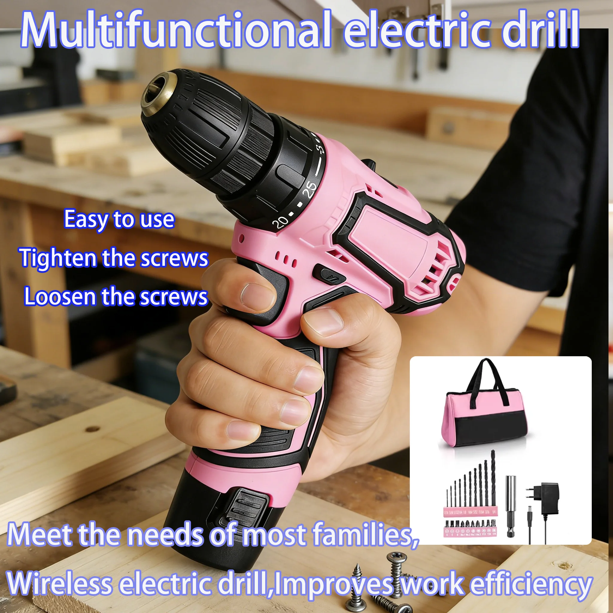 

12V Mini Electric Drill 25+1 Torque Cordless Drill Mini Wireless Power Tools Pink Drill Polishing Grinding Machine