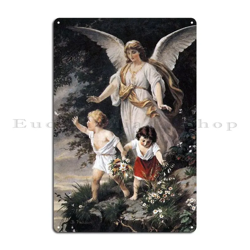 Bernhard Plockhorst Guardian Angel 19th Century Painting Metal Plaque Poster Pub Designs Garage Create Create Tin Sign Poster