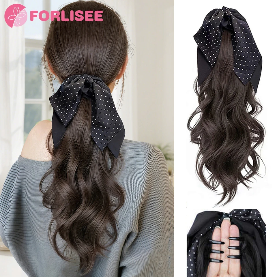 

FORLISEE Korean Polka Dot Butterfly Knot Hair Accessory Claw Clip Long Curl Synthetic Tail Wig Suitable for Ladies Daily Use