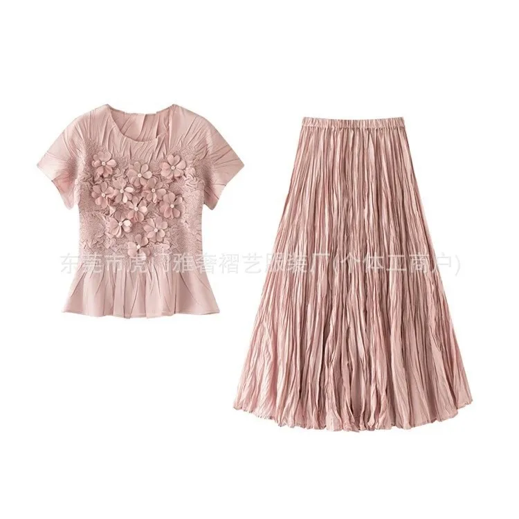 Miyake's New Short-sleeved Two-piece Pleated High-end T-shirt Pleated Super Pendulum Pleated Skirt Fashionable Pearl Flower Set