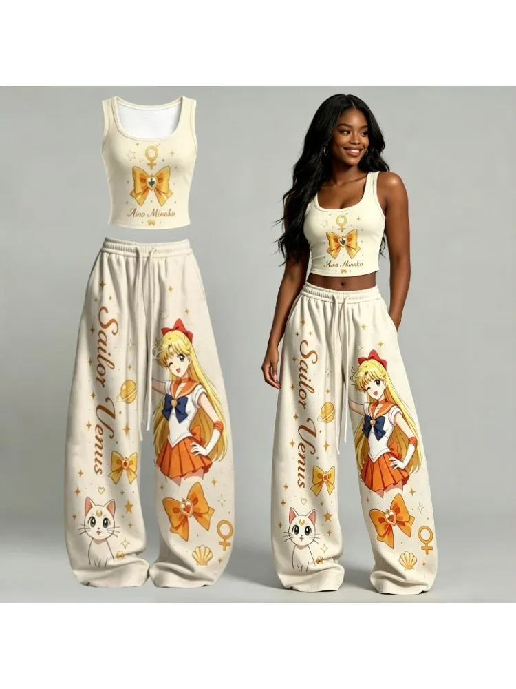 Sailor Moon 2-teiliges Outfit für Damen/Herren, Tanktop und weit geschnittene Hose, Anime-Print, Weste, Hose, Y2K Streetwear, passender Trainingsanzug