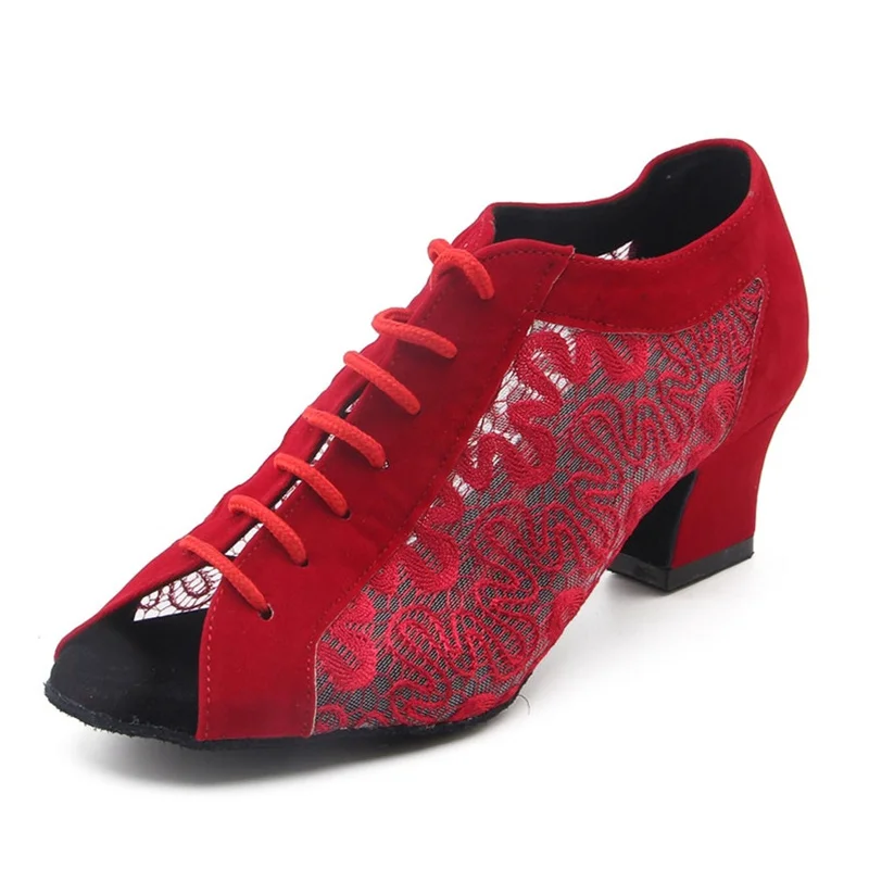 Practise Women Dance Shoes Red Nubuck And Pattern Mesh DIY Woman Ballroom Shoes Standard Latin Salsa Ballroom Party Dance Shoes