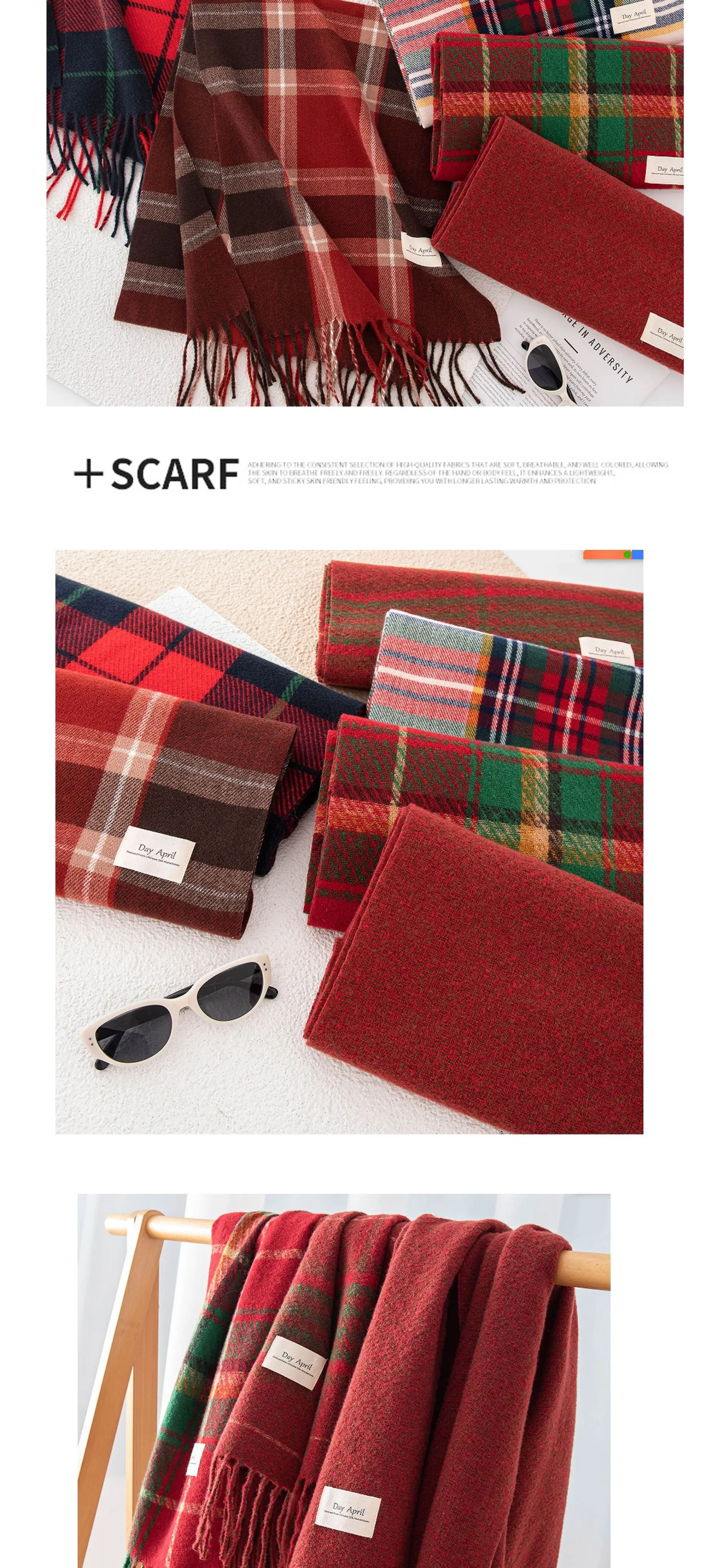 Weihnachtsroter Schal für Frauen, Kaschmirimitat, kariert, bedruckt, Plüschschal, Trend, hochwertiger warmer Schal, Quastenschals – Detail 7