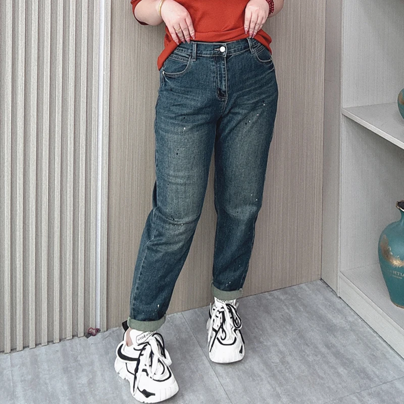 

High Waisted Ankle-Length Harem Pants for Women, Casual Stretched Jeans, Loose Painted, Plus Size, Spring and Autumn, New