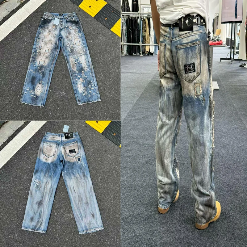 Stain Thug Club Hole Damaged Jeans Messy Stitch Straight Loose Pants Men Women Classic Leather Star Moon Metal Label Trousers