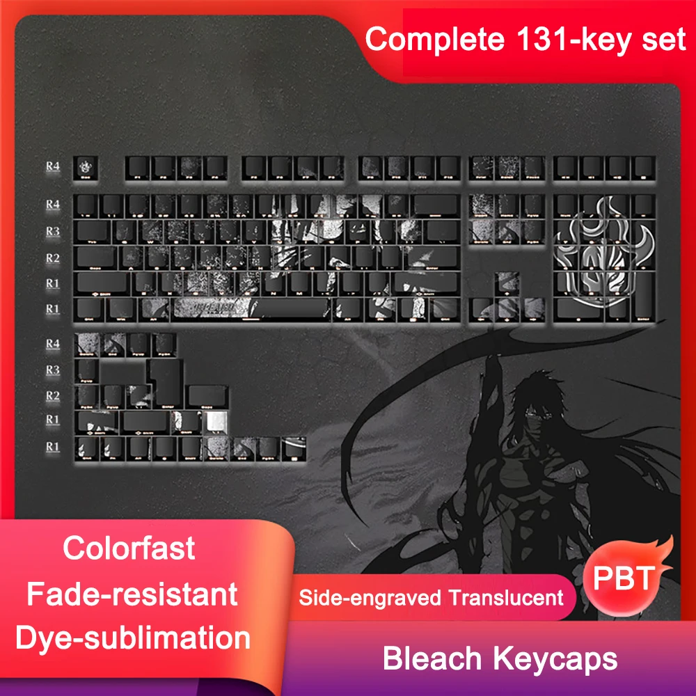 BLEACH‌ Keycaps Side-engraved Key Caps ‌‌Ichigo Kurosaki‌ Cherry Profile PBT Dye Sub Keycaps For Mechanical Keyboard Gamer Caps