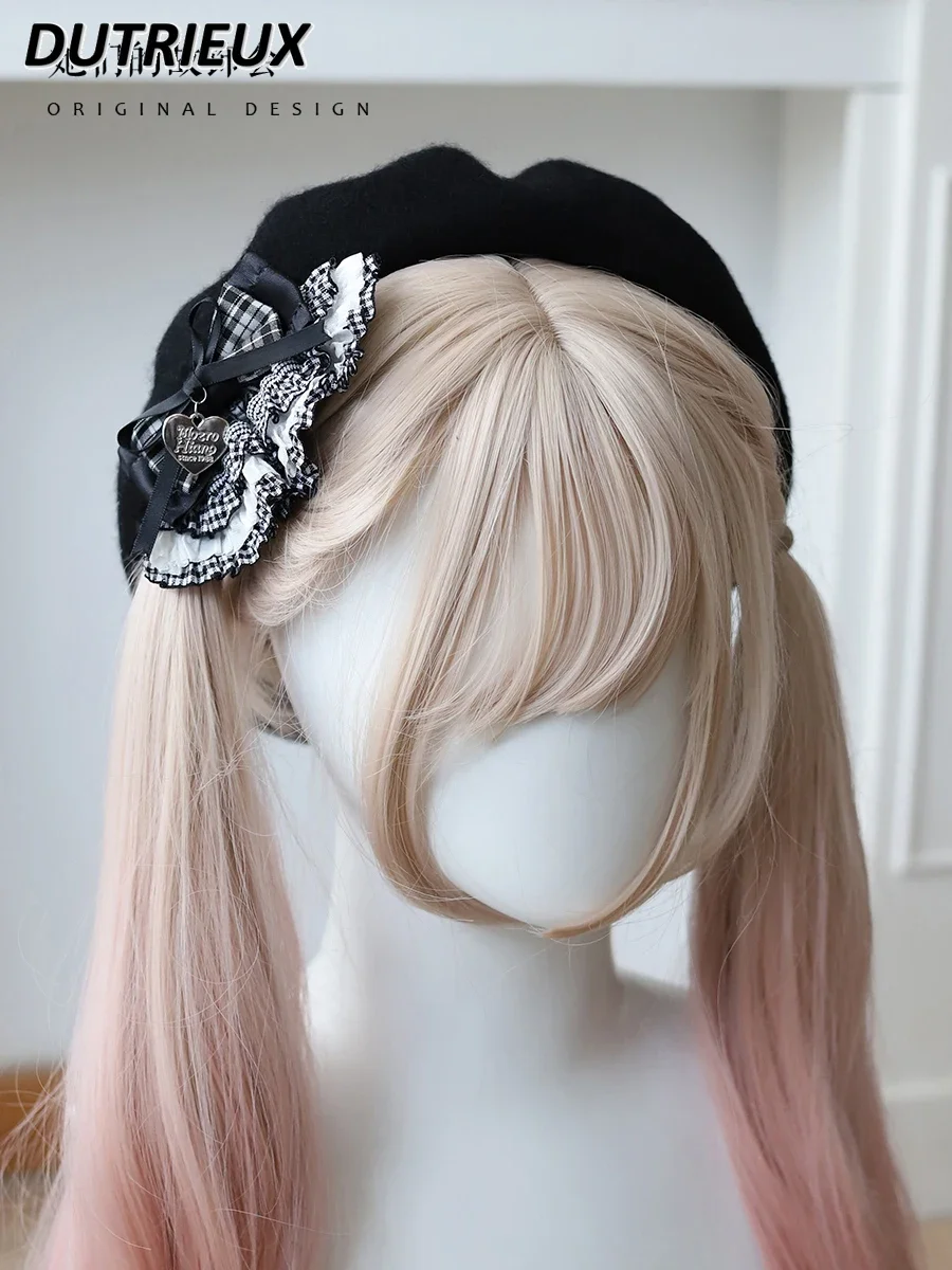 Japanese Lolita Original Retro Black and White Plaid Sweet Girl Beret Caps Winter New Gentle Wind Bow Versatile Bonnet Hat