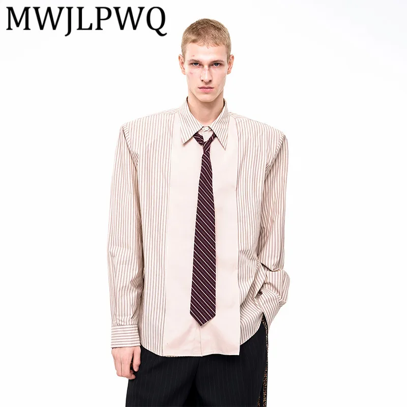 

MWJLPWQ Vertical Striped Patchwork Long Sleeve Shirt Male High Street Autumn Color Block Padded Shoulder Men's Casual Tops 12285