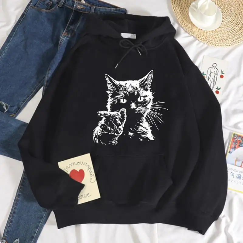 

Cartoons Womens Hoodie Funny Cat Gesture Printing Sweatshirt Loose Pocket Warm Comfortable Pullover Autumn Winter Streetwear