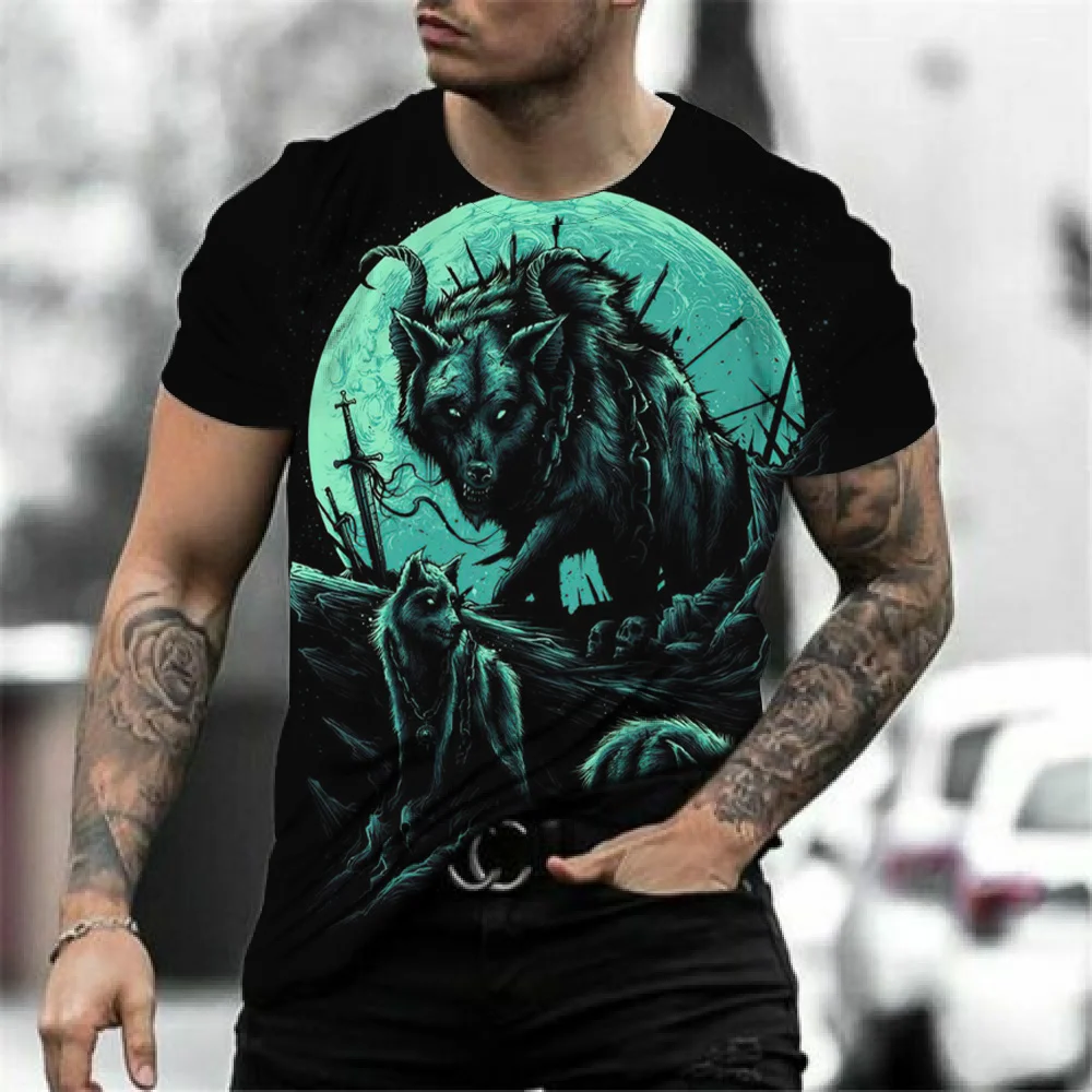 Animal lobo Pattern T-shirt Utilizar Comfortable Breathable Material Fashion Loose O-neck Man Short Sleeve Causal Clothing