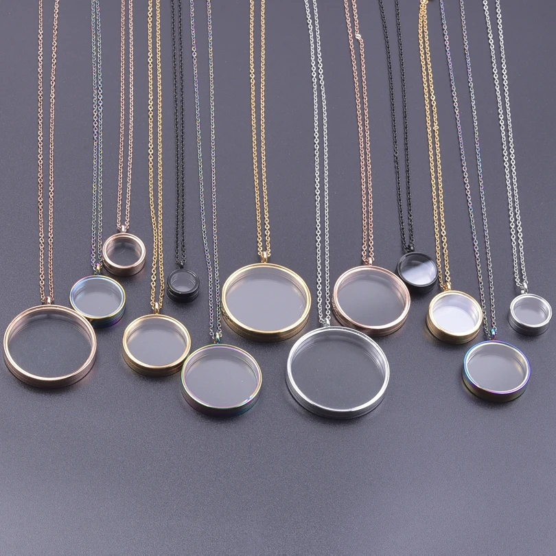 1Pc DY7 Stainless Steel 10-40mm Mix Color Round Glass Memory Coin Holder Picture Locket Pendant Necklaces For Women Men Jewelry