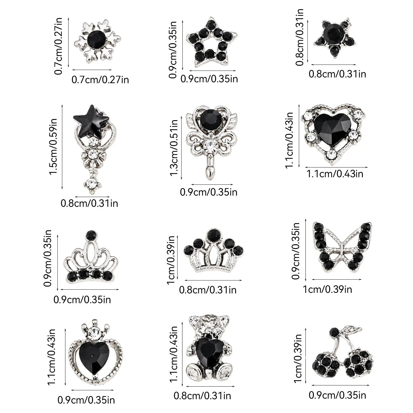 3D Luxury Alloy Love Heart Stars Nail Art Crown Charms Parts Black Rhinestone Accessories For Nails Decoration Manicure Supplies